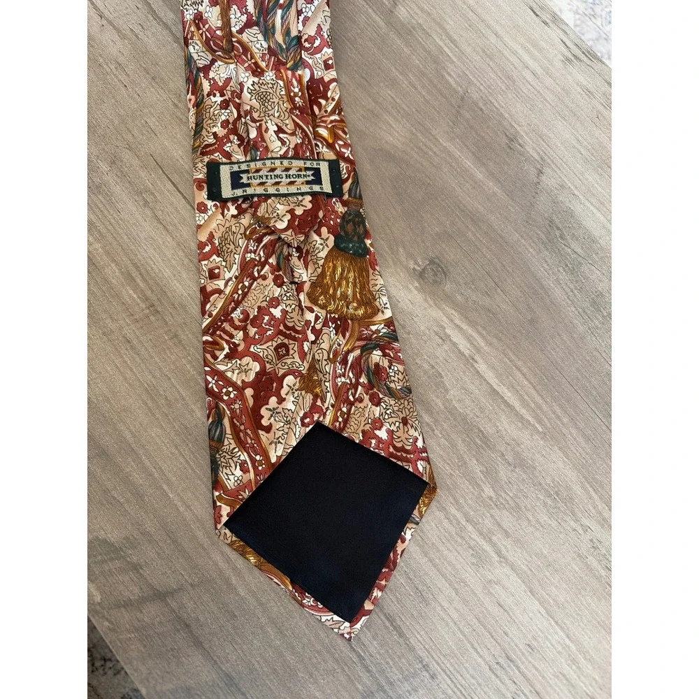 Hunting Horn 100% Silk Tassel Floral Novelty Tie Equestrian English Country